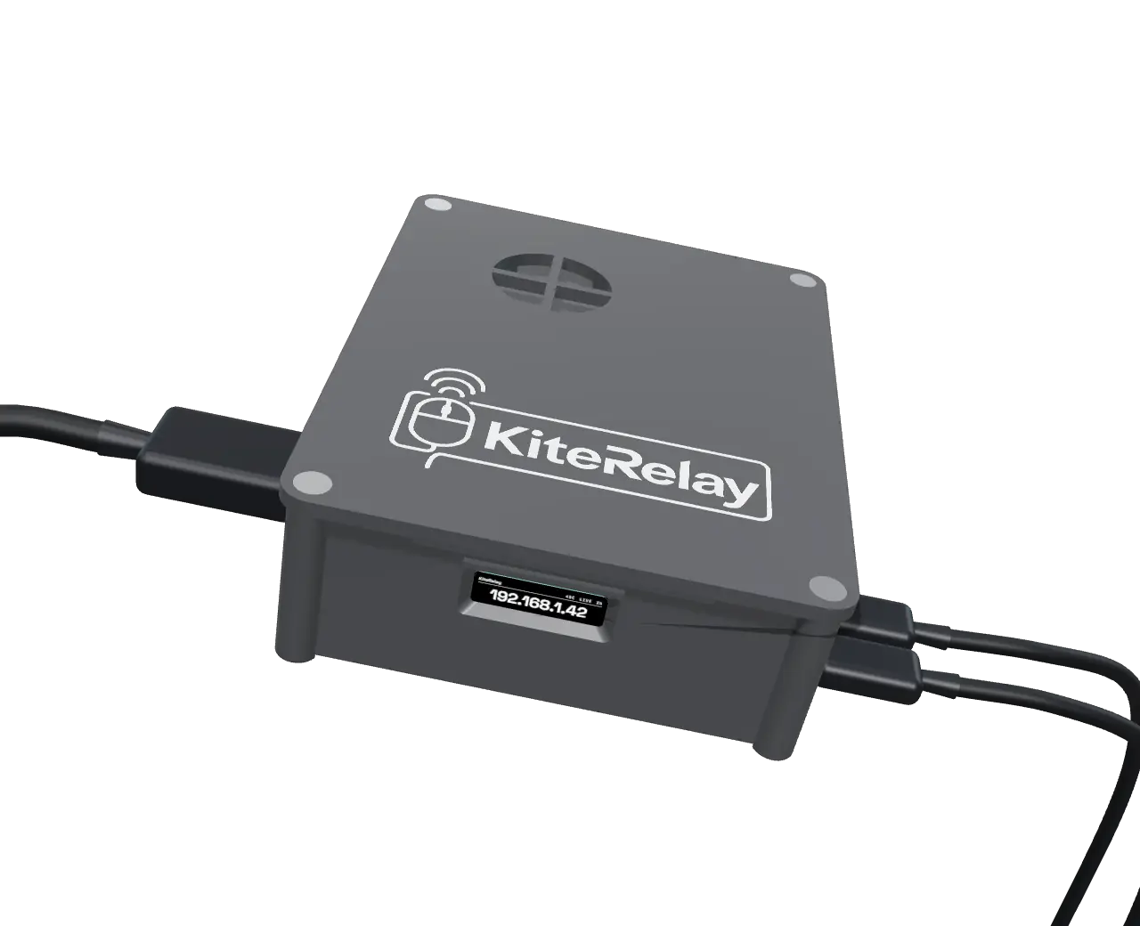 The KiteRelay box with its three cables in: HDMI in the left side, USB-C into CTRL and power into 5V on the right, its small screen showing its address.